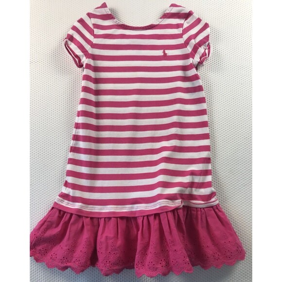 Ralph Lauren Polo Pink White Striped Eyelet Lace Ruffle Dress Girls Youth Size 5 - Picture 1 of 16